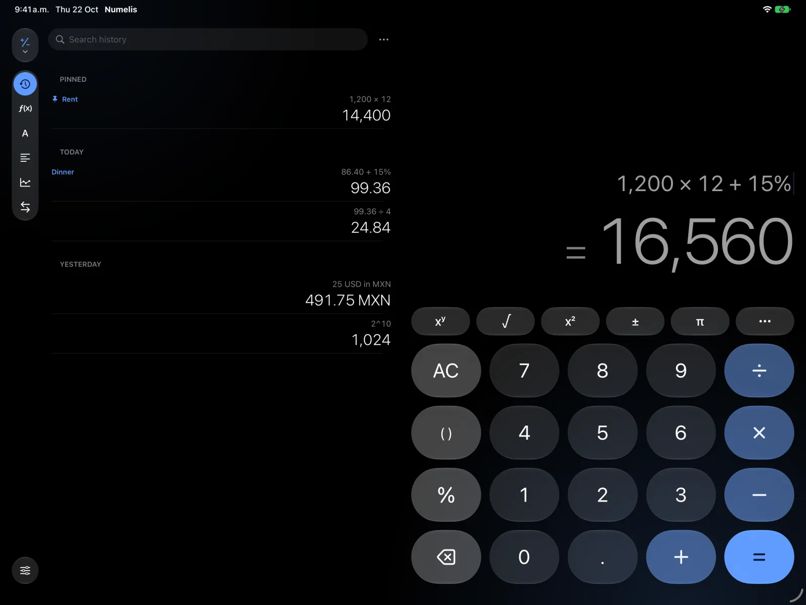 Numelis on iPad: pinned and recent history on the left, the calculator on the right