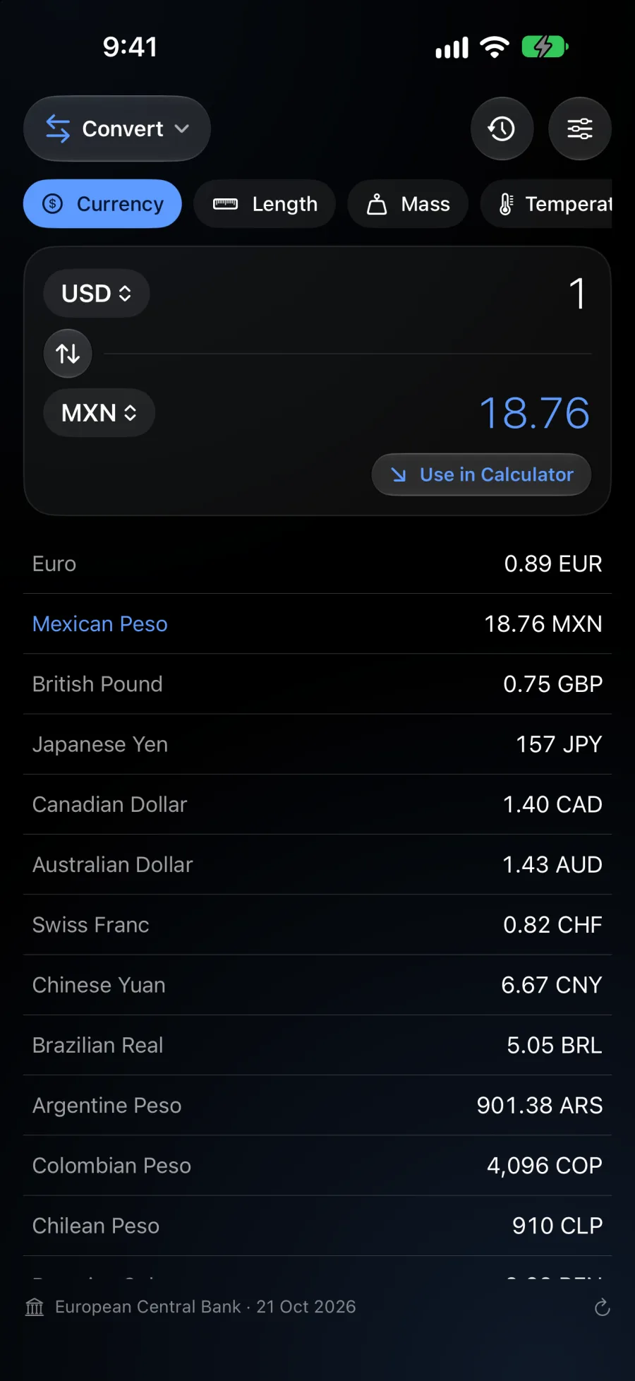 Converting 1 US dollar to 18.76 Mexican pesos, with a list of other currencies
