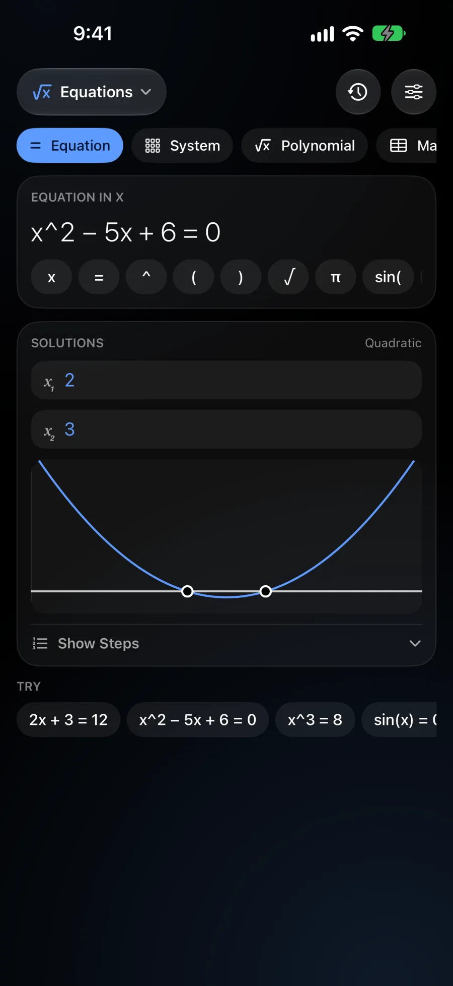 Solving x squared minus 5x plus 6 equals 0, with solutions 2 and 3 and a plot