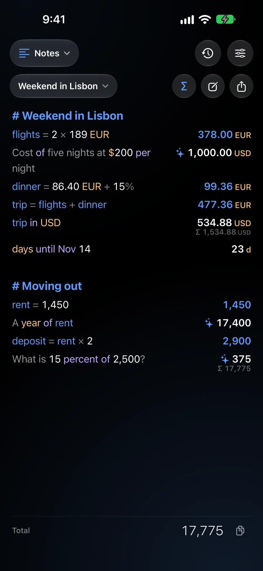 Notes: a trip budget written in words, with each answer beside its line