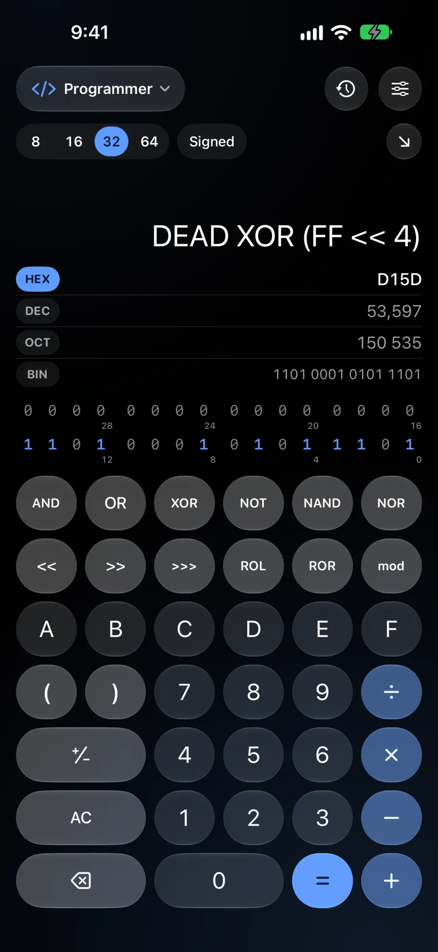 Programmer mode with hex, decimal, octal and binary, and a bit grid