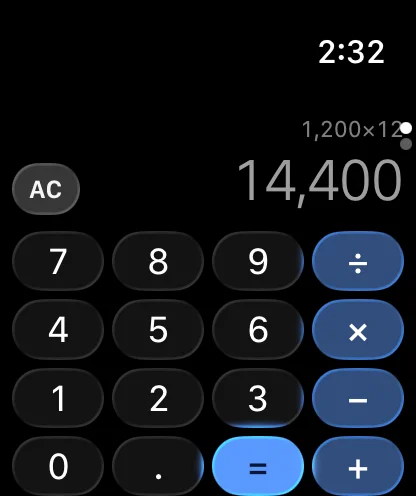 Numelis on Apple Watch showing 1,200 × 12 = 14,400